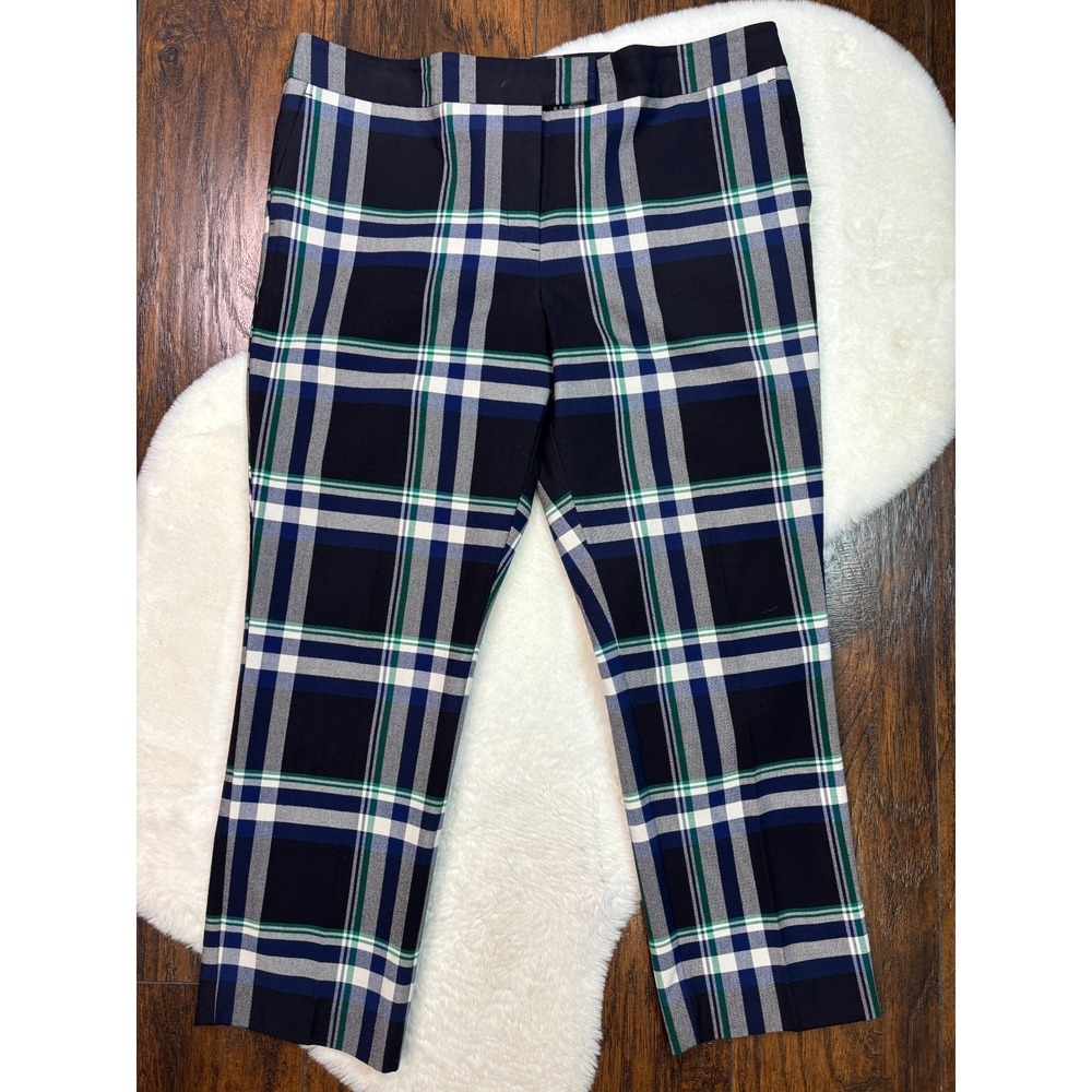 Ann Taylor Dress Pants 14 Navy Blue Plaid Skinny Ankle Signature Stretch Women's